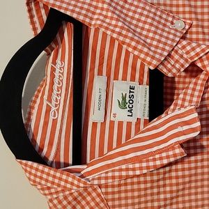 Lacoste Mens Xl or Xxl 46 button down orange plaid dress shirt work shirt